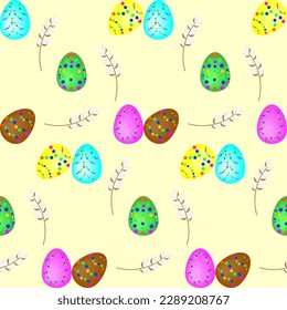 Multi-colored decorated Easter eggs and willow branches on a light background. Seamless festive vector pattern.