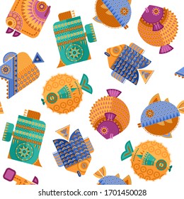 Multi-colored decorated fish in geometric style. Seamless background pattern. Vector illustration 