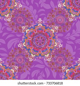 Multicolored decorations. Luxury seamless pattern with motley stars. Star pattern in orange, brown and pink colors with vintage ornament. Vector seamless background.