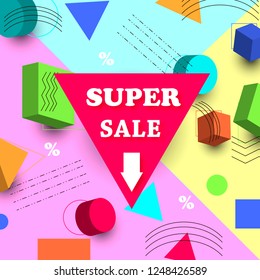Multicolored decorative background with 3D geometric figures. The inscription SUPER SALE. Vector illustration.