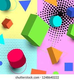 Multicolored decorative background with 3D geometric figures. Vector illustration.