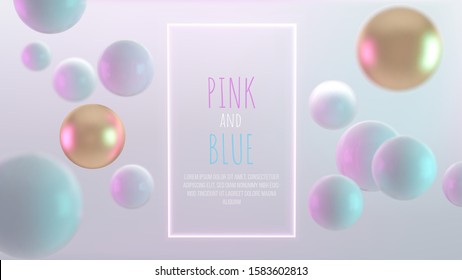 Multicolored decorative balls. Abstract 3d realistic vector illustration. Pearls close up with depth of field and glowing frame