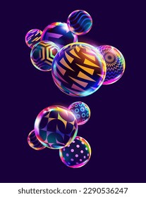 Multicolored decorative balls. Abstract vector geometric shapes on dark background.
