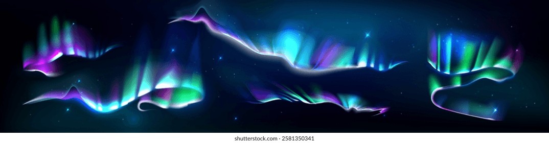 Multi-colored decorative glowing floating shapes on a dark background. Abstract collection gradient  holographik shapes. Northern lights effect set.