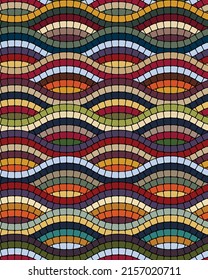 Multicolored decorative pattern with wavy lines made of small square tiles. Cobblestone mosaic style in yellow, green, and light blue on a black background. Seamless vector geometric pattern. 