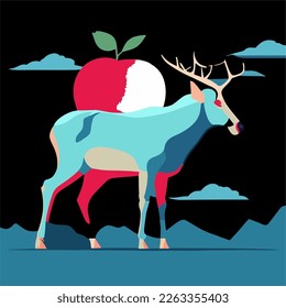 Multicolored Deer carries an apple in the dark, flat vector