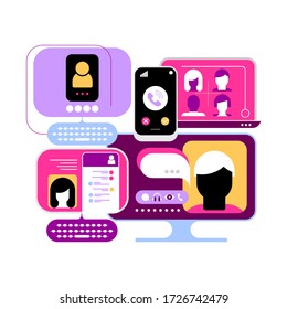 Multicolored design isolated on a white background Online Chatting vector illustration. Computer monitors and smartphone screens with chat messages, video conference and video calling.