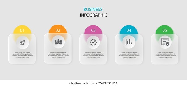 Multicolored design template for vector infographic labels with icons and 5 options or steps. Suitable for process diagrams, presentations, workflow layouts, banners, flowcharts and infographics.