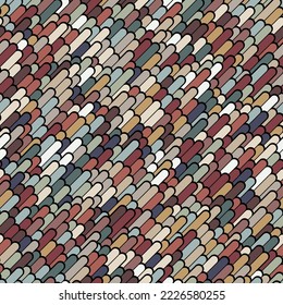 multicolored diagonal little lines. Capsules in brown, white, red, and green for a sequin effect.  Vector illustration. 
