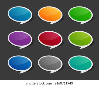Multicolored dialog clouds stickers vector template. Plastic empty chat and dialogue bubbles. Communicate chatting sign with text message and discussion comment banner for social media.