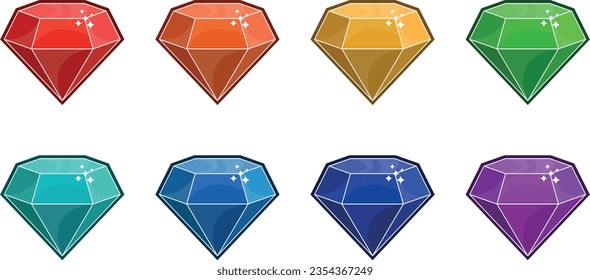Diamantes multicolores. Un conjunto de diamantes en todos los colores del arcoiris. Conjunto vectorial de joyas.