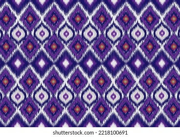 Multi-colored diamond-shaped triangles with ikat fabrics laid on top of each other, arranged sideways, looking elegant and elegant on a blue background.