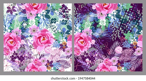 Multicolored different flowers seamless pattern. Beautiful background print for fabric. Vector illustration