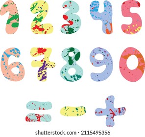 Multicolored digits 0-9 and mathematical signs in paint spots