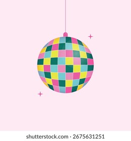 Bola de disco multicolor. Elemento de design para cartões, cartazes, banners em estilo retro. Ilustração isolada de vetor.