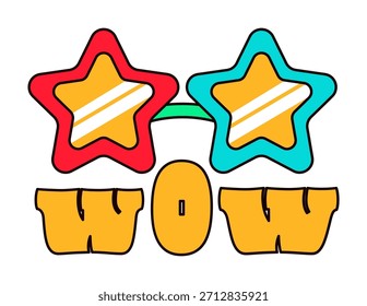 Óculos de disco multicolorido com molduras em forma de estrela e texto wow para traje de Ano Novo. Adesivo de Ano Novo ou cartão de presente no estilo antigo de 2000. Cartoon Y2K adesivo retro no fundo branco