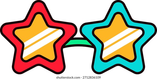 Multicolored disco glasses with star shaped frames for New Year costume. New Year sticker or gift card in old style of 2000. Cartoon Y2K retro sticker on white background