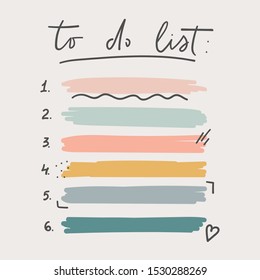 Multicolored to do list schedule template vector illustration. Different grunge brush strokes. Variety abstract paint stripes and distressed banners. Isolated on pastel tones