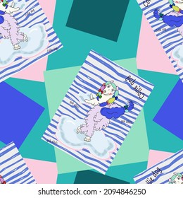 Multi-colored dog, blue uneven stripes on a background of various shapes of different colors, vector pattern, for paper, fabric, textile, children