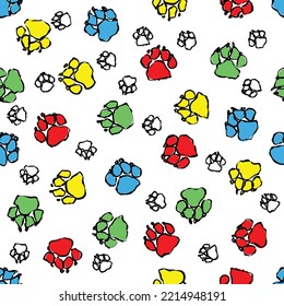 Multicolored dog paw prints, bright hand drawn vector pattern