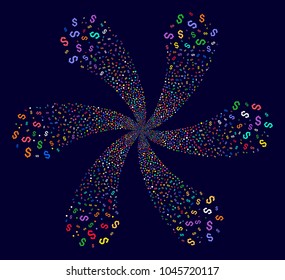 Multicolored Dollar explosion bang on a dark background. Psychedelic flower with six petals organized from scatter dollar objects.
