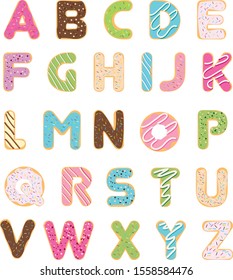 Multicolored Donut Alphabet Vector Illustration on white background. Bakery sweet alphabet Glazed Donut Font. The concept for the bakery, or holiday sweets.To create a logo or name