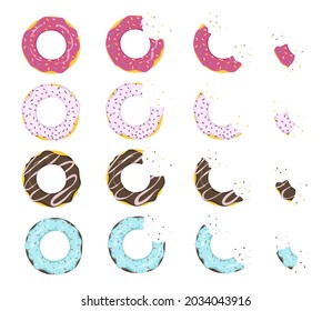 Multicolored donuts with glaze, varying degrees of eaten. Cartoon vector illustration. Set of strawberry and chocolate ring-shaped dough snacks, top view. Food, cake, sweet shop concept for design