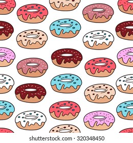 Multi-colored donuts hand drawn seamless pattern. Doodle background collection confections. Icon set vector