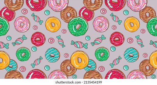 Multicolored Donuts with icing seamless background texture, hand drawn, vector, banner