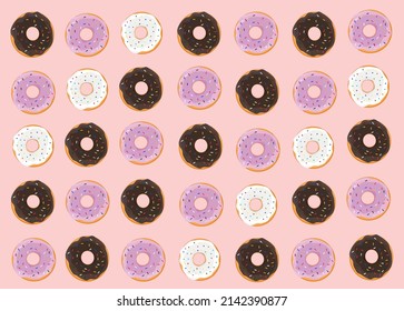 a multi-colored donuts with icing and white pink chocolate sprinkles texture pattern