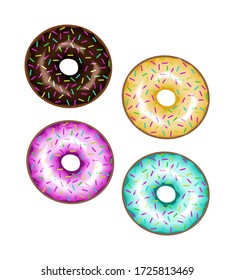 Multicolored donuts isolated on a white background. Beautiful, tasty, glossy donuts with colorful glaze. Realistic vector illustration.