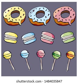 multi-colored donuts, macaroons and lollipops
