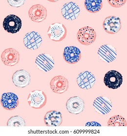 Multicolored donuts on a pink background. Seamless print, textile, postcard, clothing.