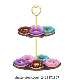 Multi-colored donuts on a two-tier dessert stand on a white background. Vector composition for cafes and restaurants, menus, holiday designs.