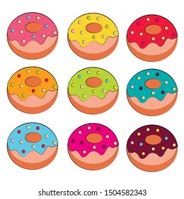 Multicolored donuts on white background
