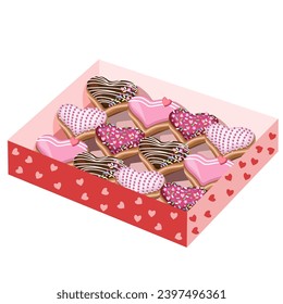 Multi-colored donuts in the shape of a heart in a gift box, isolated on a white background.Vector illustration of dessert for Valentine's Day, holiday designs, cards.