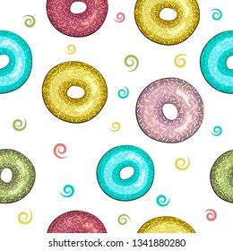 Multicolored donuts vector seamless pattern. Baking poured over chocolate and pink icing seamless texture. Textile, wrapping paper, wallpaper design, packaging. Advertising cafe and coffee house.