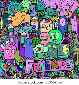 Multicolored doodle background with fun monsters