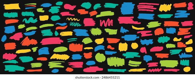 Multicolored doodle brush strokes vector art on black background. Childish drawing of curved lines and straight smears neon illustration set