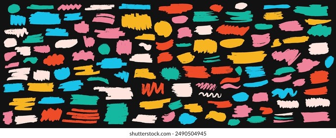 Multicolored doodle brush strokes vector art on black background. Childish drawing of curved lines and straight smears neon illustration set