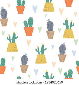 Multi-colored doodle cacti in pots, home plants, garden. Seamless vector pattern on white background