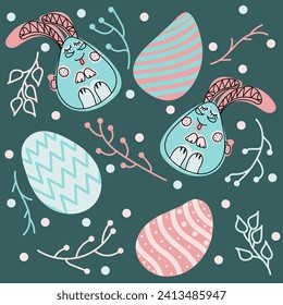 Multicolored Doodle Happy Easter bunny, eggs seamless pattern. Background decorated with branches, dots. Vector hand drawn illustration in blue, pink colors. Isolated on green background
