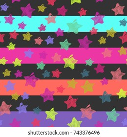 Multicolored doodle stars on a striped background. Cheerful seamless children's background