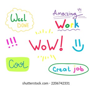 multi-colored doodle stickers. Work and great work stickers. Vector doodles

