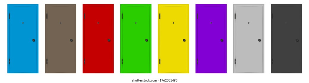 Multicolored door set, vector illustration. Closed doors with handles and peepholes.