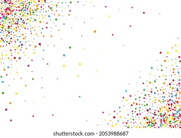 Multicolored Dot Burst Background. Confetti Random Texture. Yellow Festive Circle. Red Design Round Illustration.