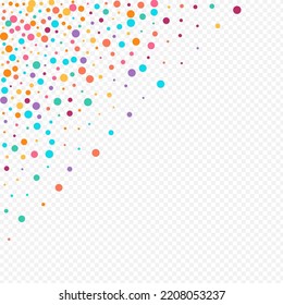 Multicolored Dot Carnaval Vector Transparent Background. Christmas Circle Postcard. Celebration Polka Invitation. Color Confetti FallingFestive Banner.