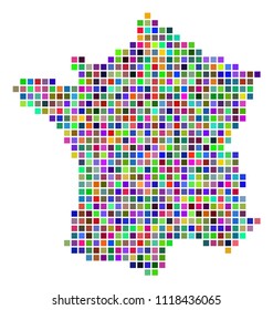 Multicolored dot France map. Vector collage of France map constructed of dot elements. Vector geographic dotted pixel map in different colors.