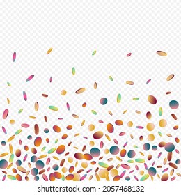Multicolored Dot Happy Transparent Background. Hologram Flying Polka Wallpaper. Effect Banner. Rainbow Vector Pattern.
