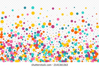 Multicolored Dot Invitation Vector Transparent Background. Independence Confetti Texture. Carnival Round Wallpaper. Rainbow Polka FallingFestive Card.